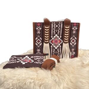 NWT Brown Patterned Tote Bag with Matching Pouch